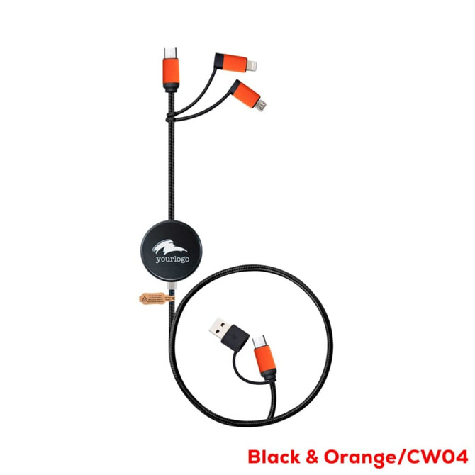 A black and orange charging cable features multiple connectors for fast charging and data sync, with a branded logo.