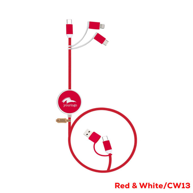 A red and white charging cable with multiple connectors for fast charging and data sync, featuring a round retractable design.