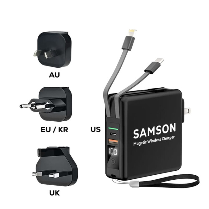 A black magnetic travel charger with interchangeable plugs for AU, EU/KR, and UK, featuring multiple charging cables.
