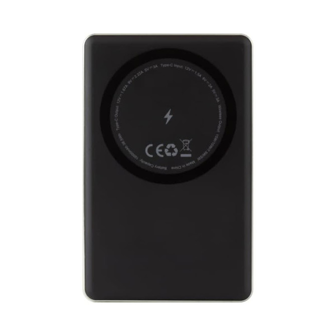 A black 15W MagSafe wireless power bank with a circular charging area and a logo on the back.