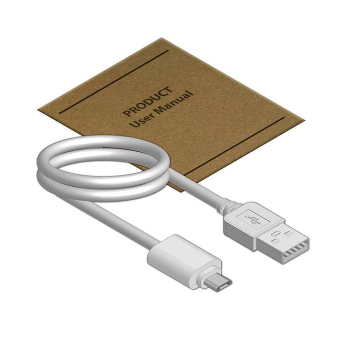 A white USB charging cable coiled with a brown user manual laid beside it.
