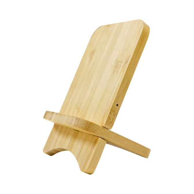 A bamboo wireless charging travel stand with a sleek, minimalist design, featuring a supportive base.