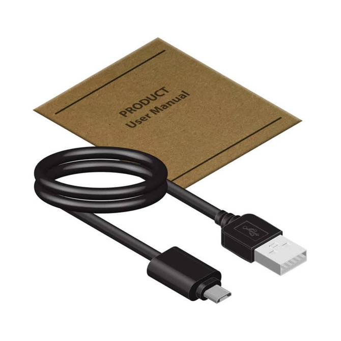 A black USB cable with a user manual on a brown background, designed for a power bank product.