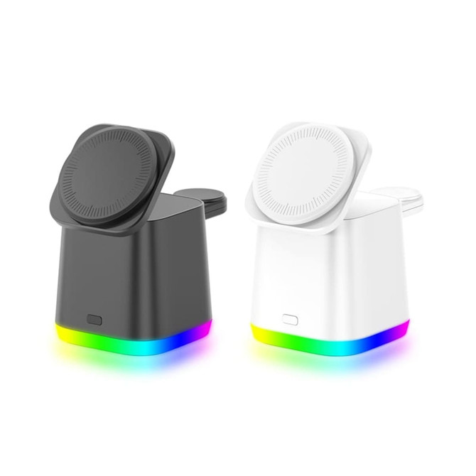 A wireless charger set featuring a black and a white unit, both with a rainbow-lit base. Each unit has a circular charging pad.