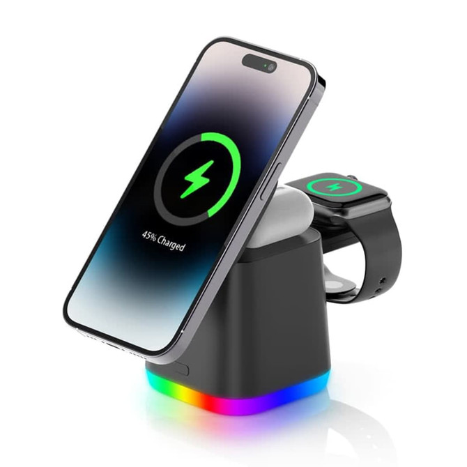 A 15W magnetic wireless charger in black with a multicoloured base, charging a phone and smartwatch.
