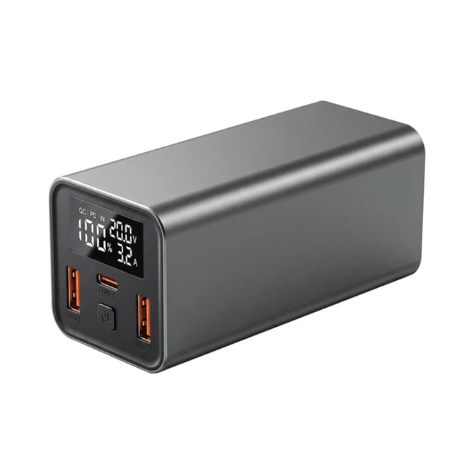 A grey power bank with two USB ports, a USB-C port, and a digital display showing power status.
