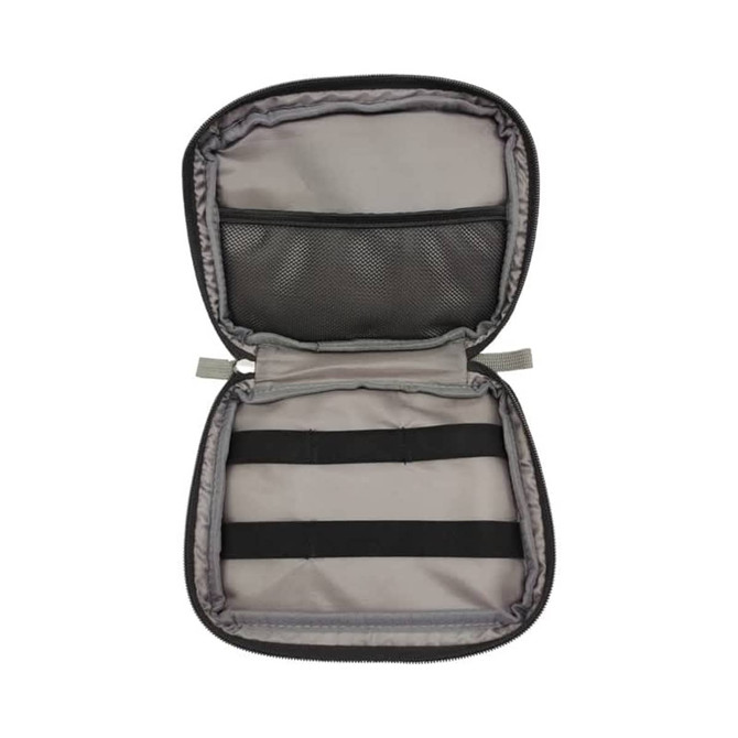 An open XL eco accessory pouch in grey, featuring a mesh pocket and elastic straps for organisation.