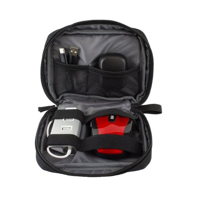 A black accessory pouch containing a red mouse, USB cables, and a power adapter, featuring inner mesh pockets.