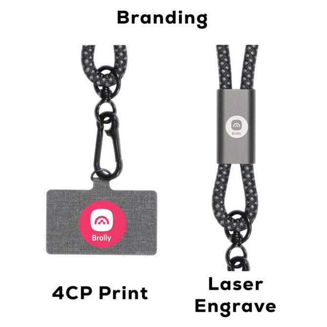 A black lanyard with a carabiner clip and a tag, featuring a branding logo and decorative print.