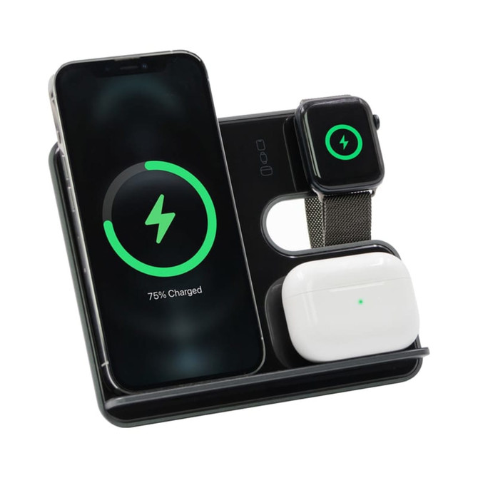 A wireless charging stand featuring a black finish, designed to charge a phone, smartwatch, and earbuds simultaneously.