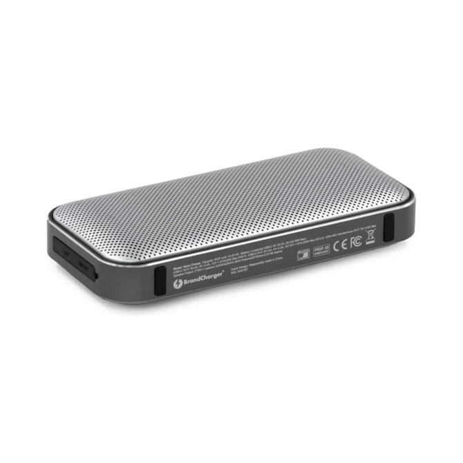 A Bluetooth speaker power bank in black and silver, featuring a textured surface and a logo.