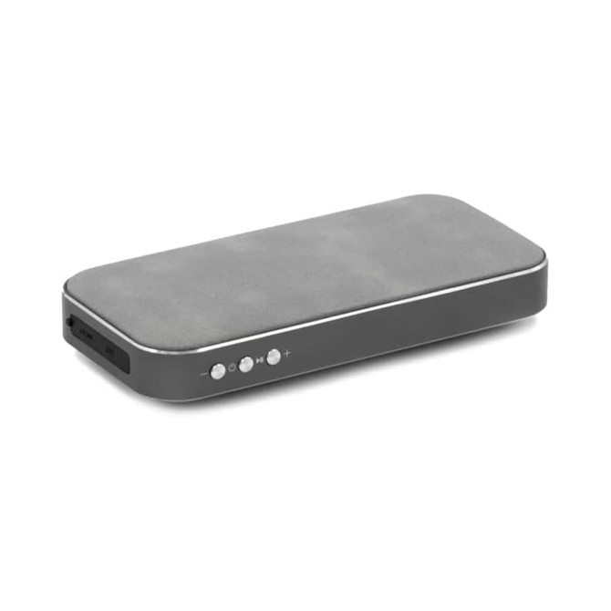 A grey Bluetooth speaker powerbank with buttons and a port, featuring a sleek and minimalist design.