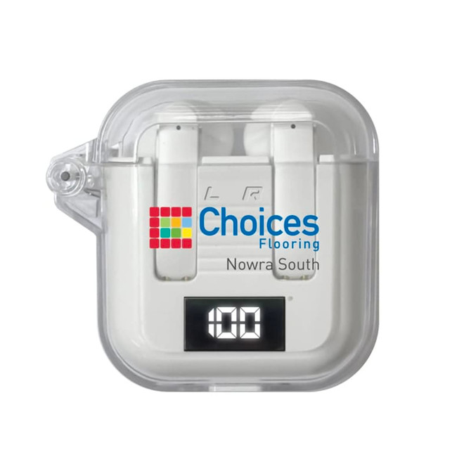White TWS earbuds in a transparent case with a digital display, featuring a logo on the front.