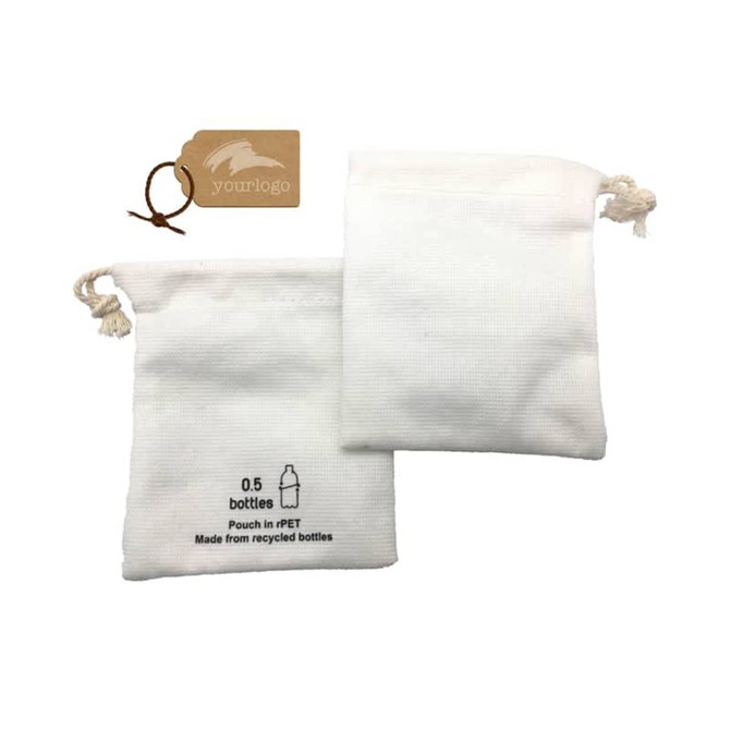 Two white eco-friendly accessory pouches made from recycled materials, featuring a tag and a logo.