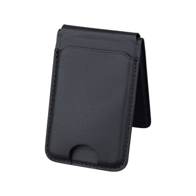 A black magnetic card wallet and wireless charging stand with a sleek design. Features a logo on the surface.