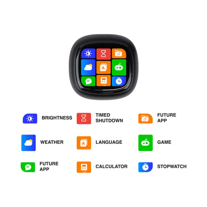 A smartwatch featuring a square touch screen displaying various colourful app icons, set against a black background.