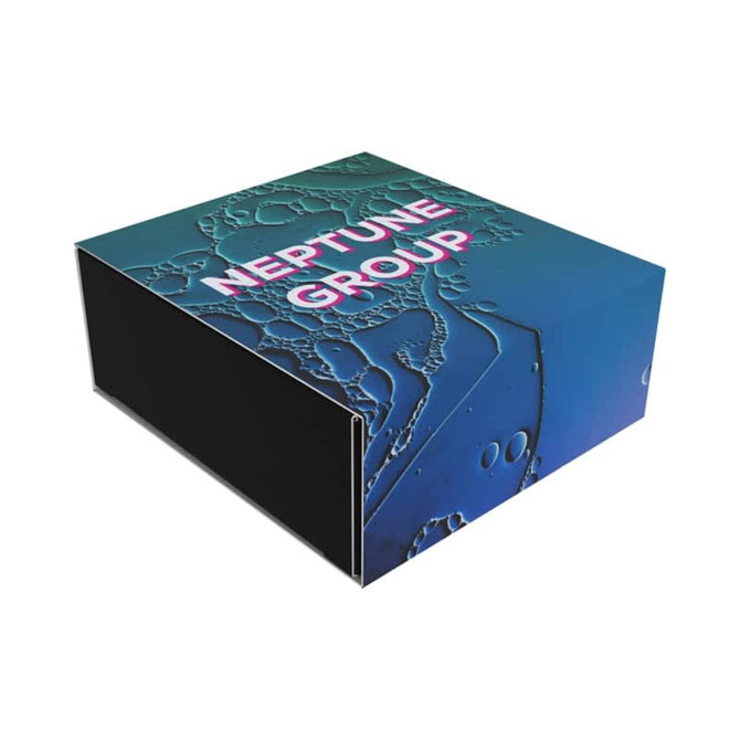 A box featuring a blue and black design with abstract bubble patterns and a logo on the front.