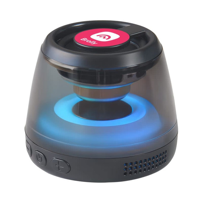 A compact black Bluetooth speaker stand featuring a vibrant RGB LED light and a logo on top.