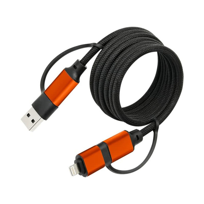 A black braided charging data cable with orange accents, featuring USB and Lightning connectors on either end.