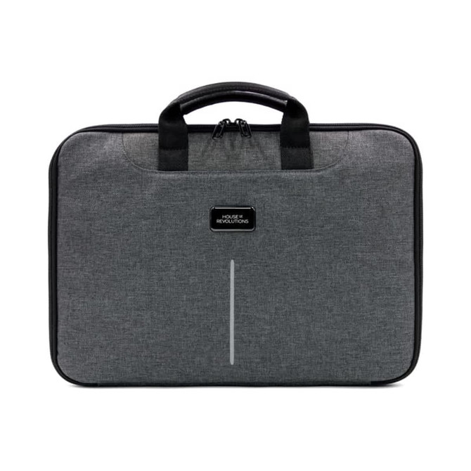 A laptop case in grey fabric with black handles and a logo tag. Features a zip closure and a sleek design.