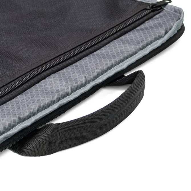 A black laptop case with a grey interior, featuring a zip closure and a carrying handle. It has a logo.