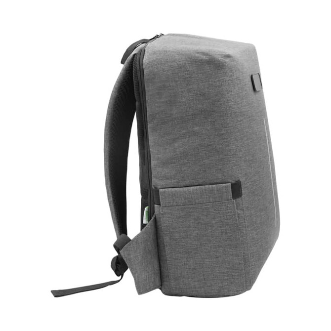A grey computer backpack with a sleek design, featuring one side pocket and a small logo.