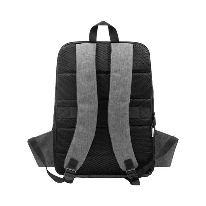 A grey and black computer backpack with padded shoulder straps and a logo on the back.