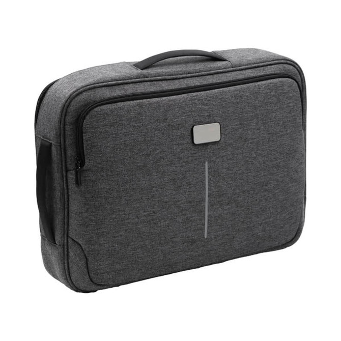 A grey hybrid computer bag with a sleek design, featuring a handle and zippered compartments, and includes a logo.