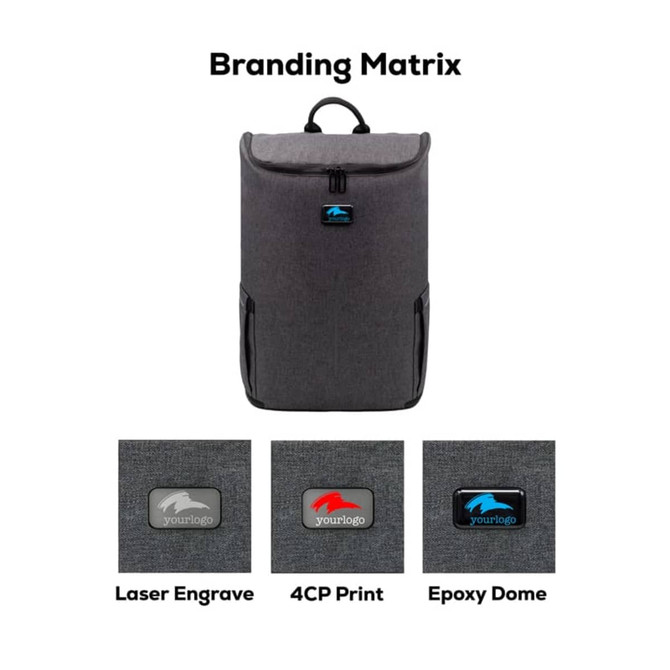 A grey backpack with a top flap, featuring a logo and multiple branding options at the bottom.