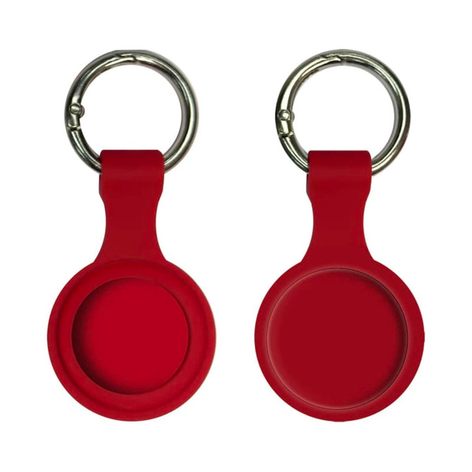 A red silicone Airtag case featuring a keyring attachment, displaying both front and back views.