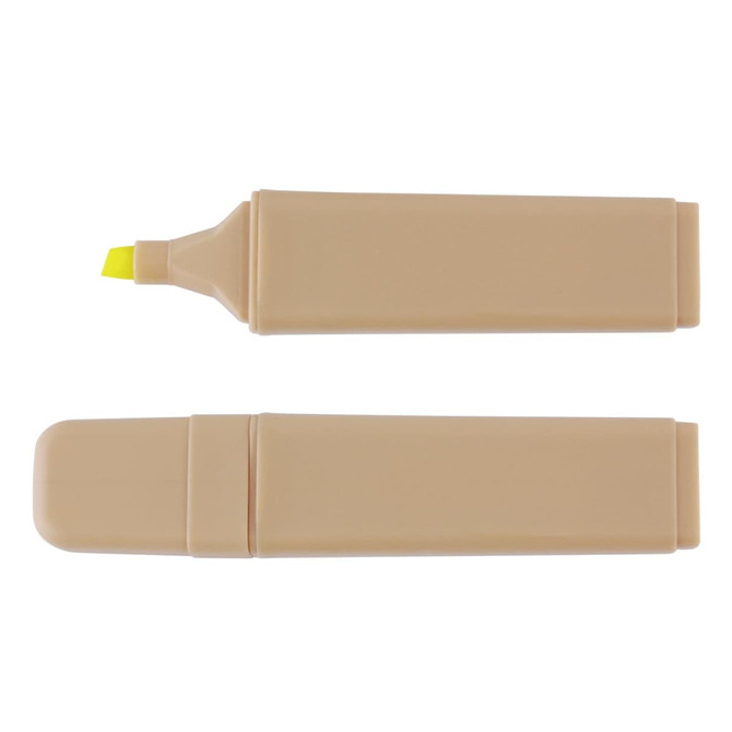 A recycled highlighter in a beige casing, featuring a yellow highlighting tip and a matching cap.