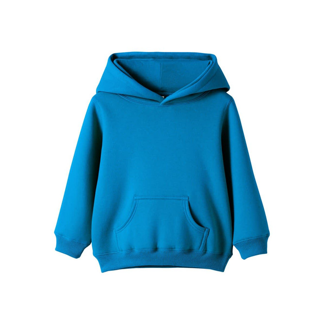 A turquoise baby fleece hoodie with a front pocket and a hood, featuring long sleeves.