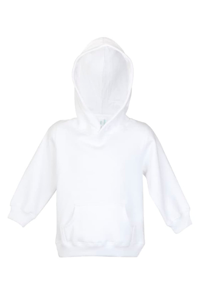 A white baby fleece hoodie featuring a front pocket and a hood, with a logo on the garment.