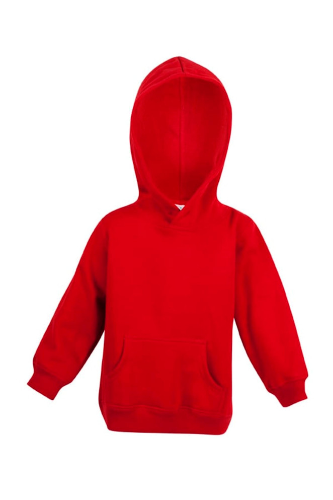 A red baby fleece hoodie with a front pocket and a hood, featuring a branding logo.