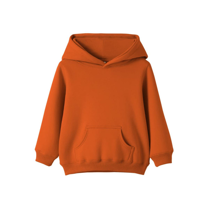 An orange baby fleece hoodie with a front pocket and an adjustable hood. It has branding on the label.