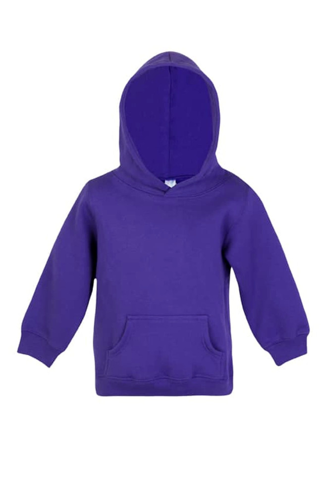 A purple baby fleece hoodie featuring a front pocket and a hood, with a logo on the exterior.