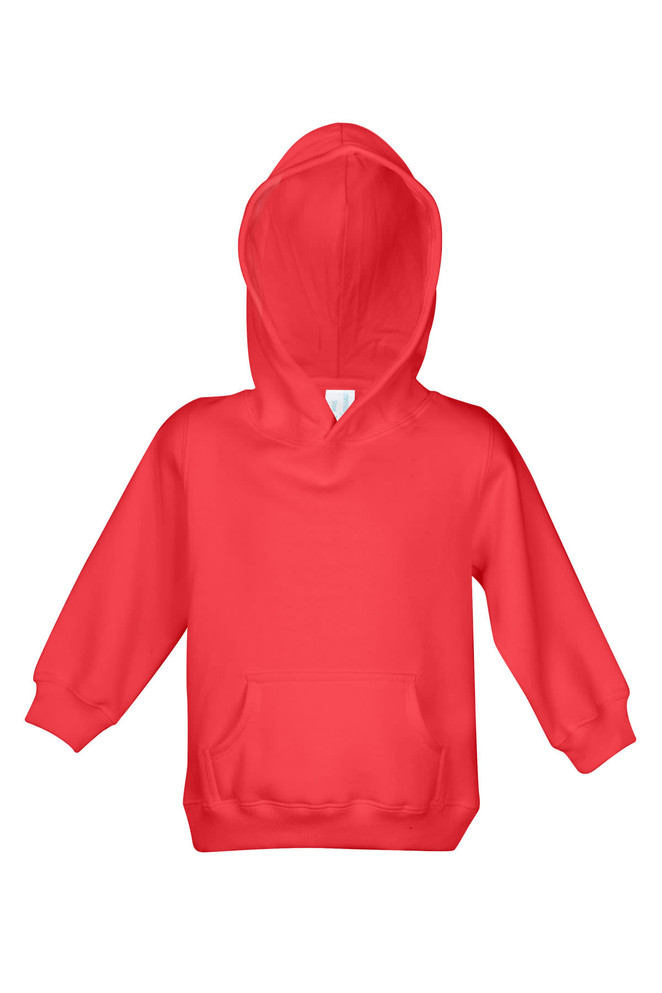 A red baby fleece hoodie with a front pocket and a hood, featuring a logo on the chest.