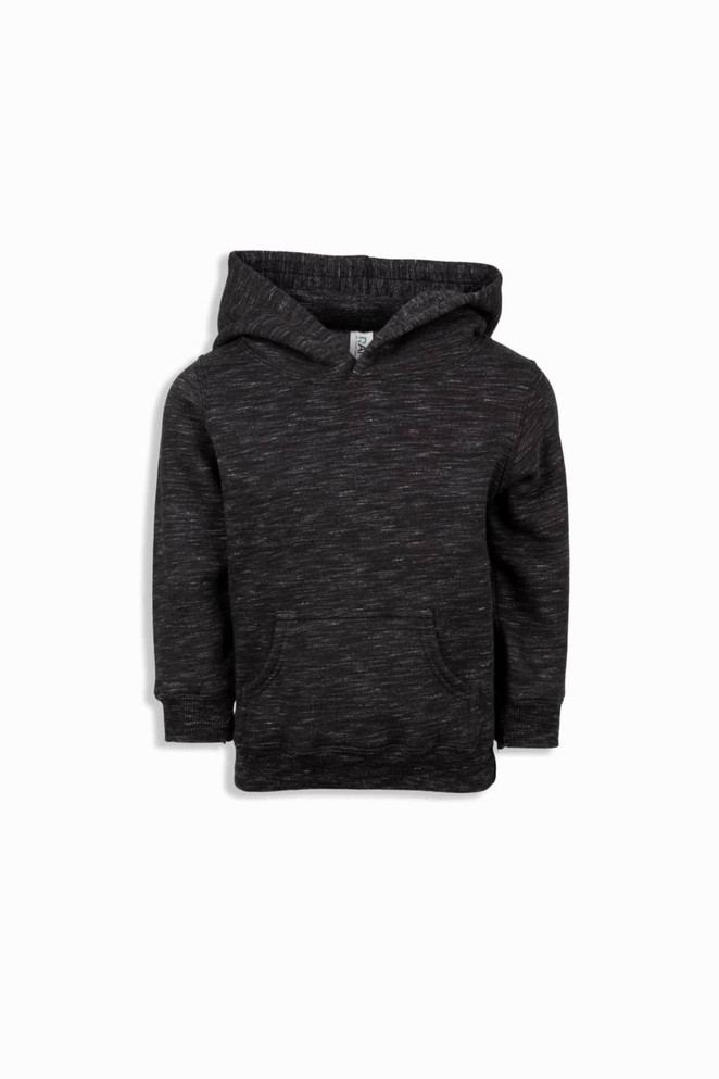 A black flecked baby fleece hoodie with a hood and front pockets. The garment has a logo on the label.