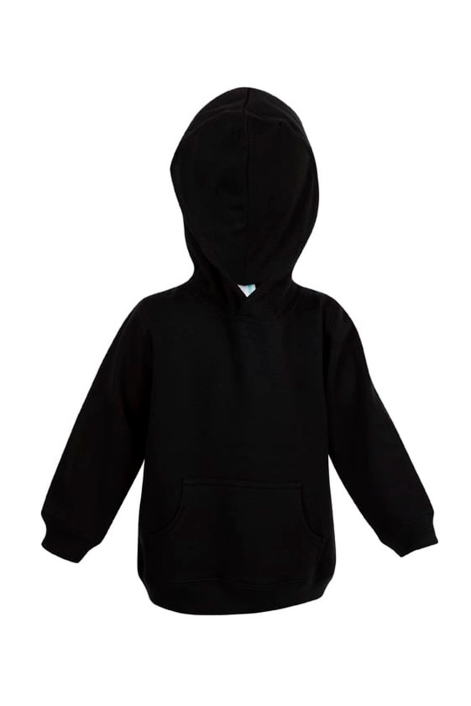 A black baby fleece hoodie with a hood and a front pocket, featuring a logo on the design.