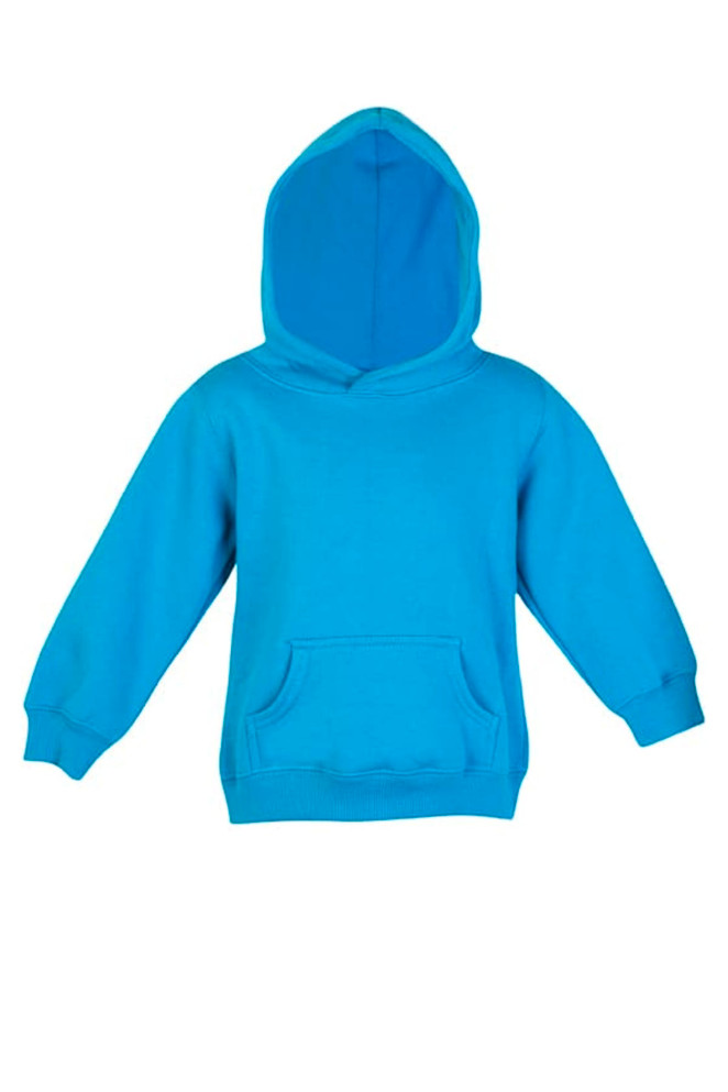A bright blue baby fleece hoodie with a front pocket and a hood. It has long sleeves and a simple design.