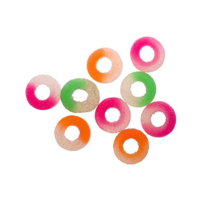 Assorted gummy fruit rings in vibrant colors including pink, green, orange, and clear, shaped like doughnuts.