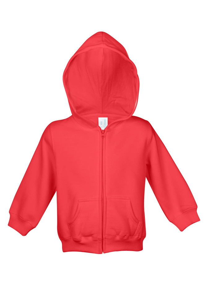 A red fleece baby zip hoodie with a hood and front pockets, featuring a logo.