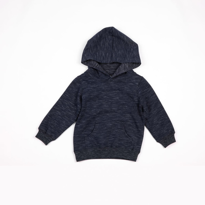 A dark blue fleece baby zip hoodie with a hood and front pocket. It features a logo on the garment.