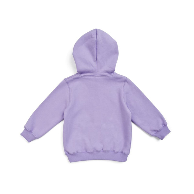 A purple fleece baby zip hoodie featuring a hood and long sleeves, with a logo on the back.