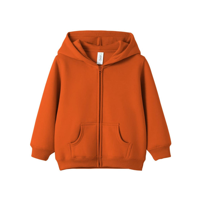An orange fleece baby zip hoodie with a front zipper and hood. It features two front pockets and has a logo.
