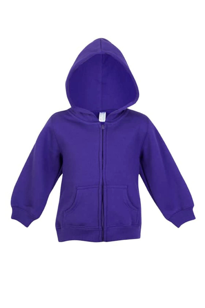 A purple fleece baby zip hoodie featuring a hood and front pockets. The garment has a logo.