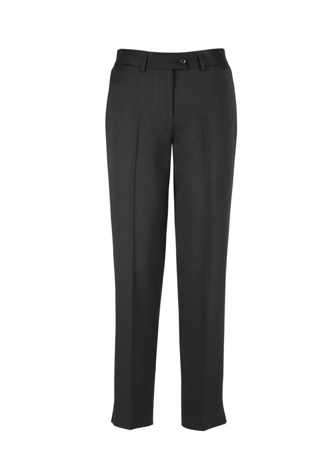 A pair of black slim leg pants with a button closure and pockets, featuring a sleek, tailored design.