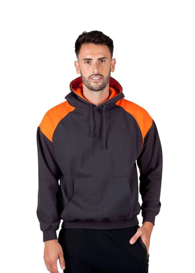 A men's hoodie in dark grey with bright orange contrast panels, featuring a kangaroo pocket and a hood.