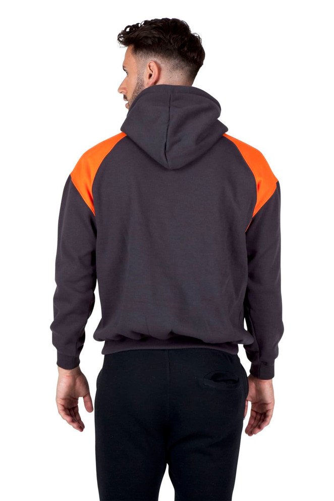 A men's hoodie featuring a dark grey body with bright orange contrast panels on the shoulders. It has a hood and a logo.