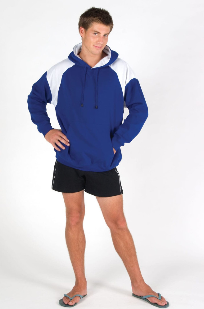 A blue and white men's hoodie with contrast panels, featuring a drawstring hood and modelled by a young man.